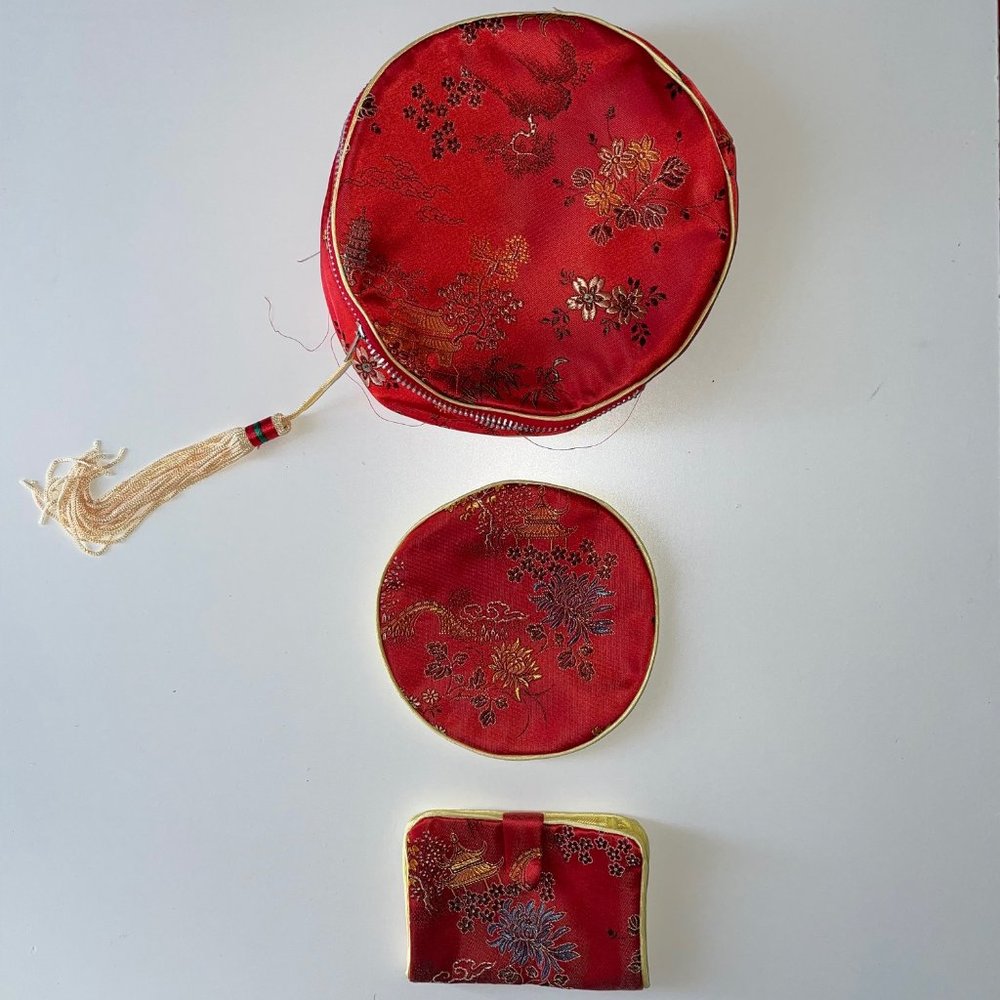 Vintage Chinese Floral and Pagoda Designed All Purpose Pouches (Set of 3)